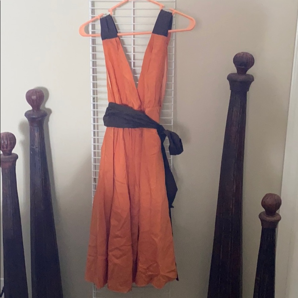 Orange/Brown plunge dress w/Sash